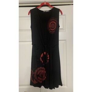 Desigual Dress Geometric Print Faux Wrap Tie Front Black & Red Whimsygoth size L